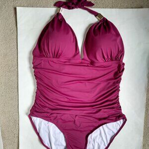 Burgundy 1-pc padded Bathing Swimsuit XL Full Coverage Ruched EUC Modest Halter